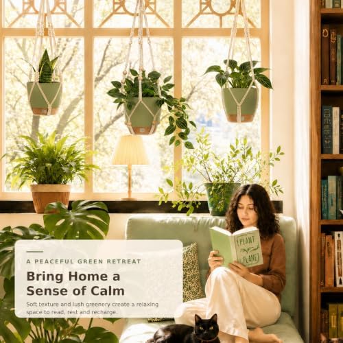 Bouqlife 3 Pack Hanging Planters for Indoor Plants Macrame Plant Hangers with Self Watering Flower Pots, 3 Different Size (Sage Green, Medium)