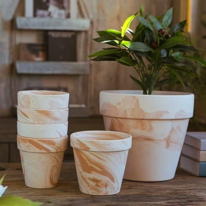 Random Mood Macchiato Terracotta Plant Pots – Handmade 6-Inch Clay Ceramic Flower Pots with Drainage Holes, Set of 3 –