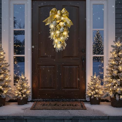 24 Inch Lighted Christmas Teardrop Wreath with Timer and Ornaments