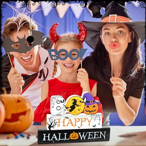 Vicenpal 3 Pcs Halloween Wooden Sign Pumpkin Ghost Witch Table Centerpiece