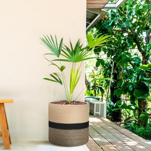 Plant Basket with Stand,10 Inch,Black and Beige Stripes