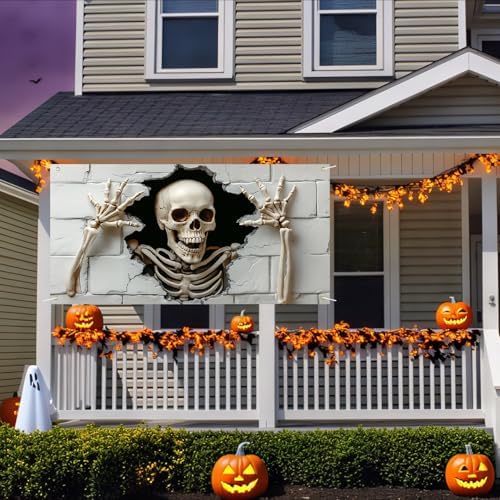 118"x35" Extra Large Happy Halloween Banner Big Spooky Halloween Backdrop for Giant Outdoor Yard Easy Hang with Ropes&Grommets–Perfect for Fence, Porch, Garden, Haunted House Party Signs (Skull, 71"x35")