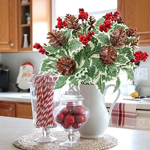 4Pcs Artificial Christmas Red Berries Picks 11in Holly Berry Stems Natural Pine Cones for Christmas Home Kitchen Outdoor Garden Thanksgiving Party Holiday Decorations Red