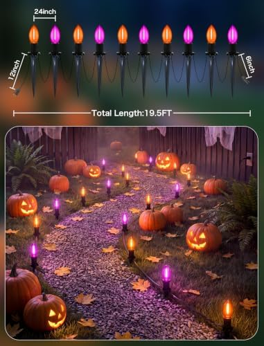 SUNSGNE Halloween Pathway Lights, 19.5Ft Halloween Stake Lights with 10 Count C9 LED Orange and Purple Bulbs for Lawn Yard Sidewalk Garden Decoration