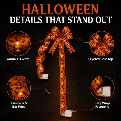 Halloween Cabinet Bow Decor, Light-Up Pumpkin Ribbon Wreath Sash (8 PCS A)
