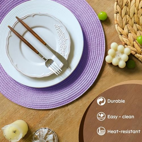 FunWheat Round Braided Placemats Set of 4 Table Mats for Dining Tables Woven Washable Non-Slip Place mats 15 inch(Lilac Purple,4pcs)