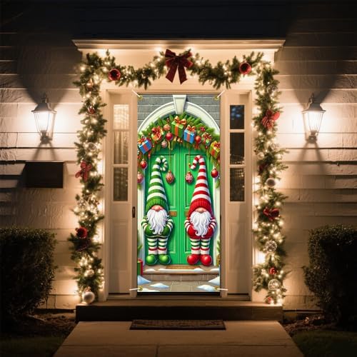 Twin Gnomes Red Green Striped Hats Christmas Door Cover 35x71in
