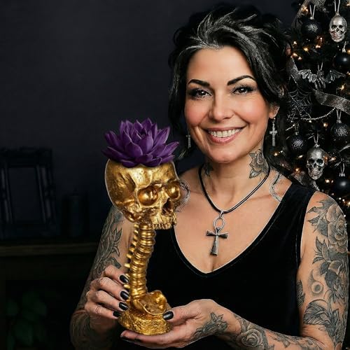 Skull Planter Spine Gothic Vase - Gold Spinal Skull Candy Bowl, Horror 11.6" Halloween Flower Vase Goth Decor, Spooky Home Decor Skeleton Planter Pot, Candle Holder, Spooky Gifts For Women, Girlfriend