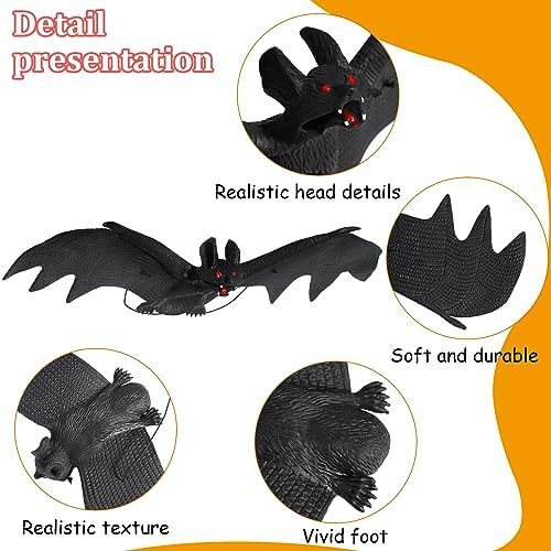 Liliful 50 Pcs Halloween Hanging Bats, Rubber, 6 Size, Black