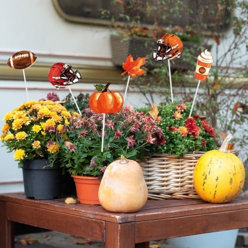 Whaline 7Pcs Fall Football Metal Planter Stakes Rugby Helmet Coffee Pumpkin Maple Leaf Garden Stakes Yard Sign for Autumn Thanksgiving Outdoor Lawn Porch Walkway Decor