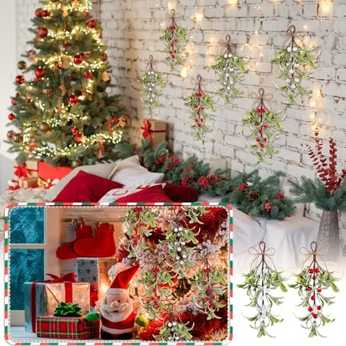 Red,White 9 Inch 6 Pcs Christmas Mistletoe Red Berries