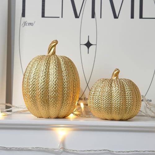 FESTGLOX Pumpkin Fall Decor Indoor, 2Pcs Resin Gold Pumpkin for Decorating