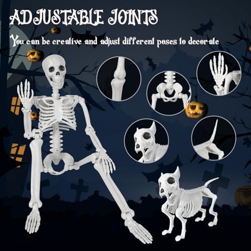 3 FT Human and Dog Skeleton Halloween Decor with Movable Joints