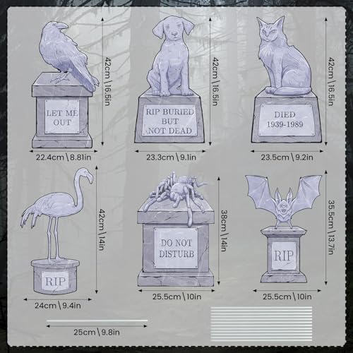 6PCS Halloween Outdoor Graveyard Signs Decorations Halloween Pet Cemetery Tombstones Yard Signs with Stakes Plastic Spider Bat Cat Dog Headstone Lawn Signs for Halloween Haunted House Mansion Supplies