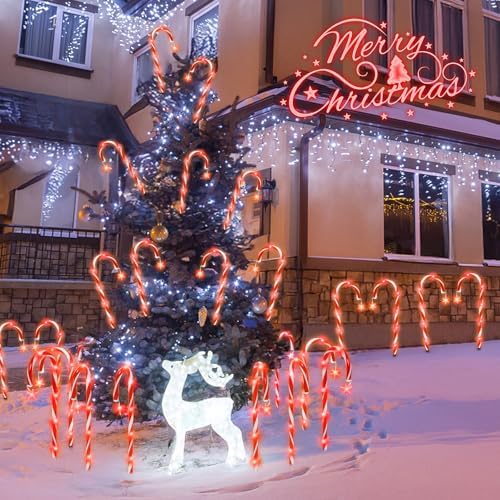 DAMEING 10 Pack 21in Christmas Candy Cane Lights, Pathway Lights Waterproof Christmas Decorations Outdoor 8 Lighting Modes with Buttom Control for Party Patio Landscape Garden Lawn Yard Decor, Red