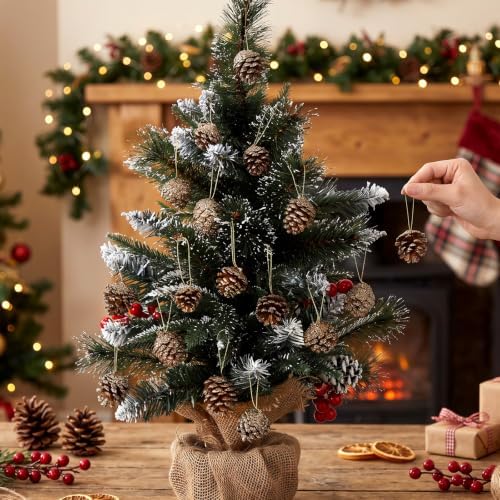24 Pcs Gold Glitter Pine Cones Ornament for Christmas Tree Hanging Decor