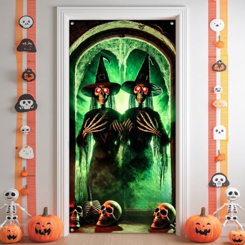 BlissYard Door Cover Skeleton Witch Haunted House 35x71 Inch Polyester