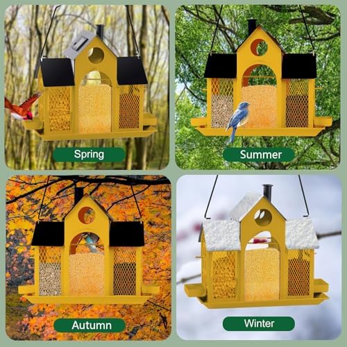 Solar Bird Feeder House for Outside Hanging, Large Capacity Birdhouse Bird Feeders Hanging for Outdoors, Metal Mesh Wild Birdfeeder for Finch Cardinal (Yellow and Black)