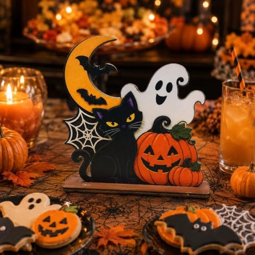 Halloween Wooden Tabletop Decoration, Cute Ghost Pumpkin Black Cat Decor, Spooky Fall Shelf Sign for Home Mantel Desk Office and Halloween Party