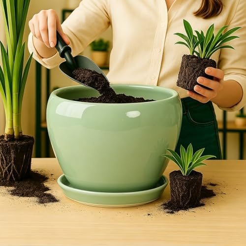 Deep Dream 10 Inch Plant Pot- Ceramic Planter Pot Round Plant Pots for Indoor Plants Outdoor Large Flower Pot with Drainage Holes & Trays, Mint Green