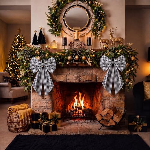 Suncalla 2 Pcs Black White Christmas Gingham Wreath Bows 18'' x 12''