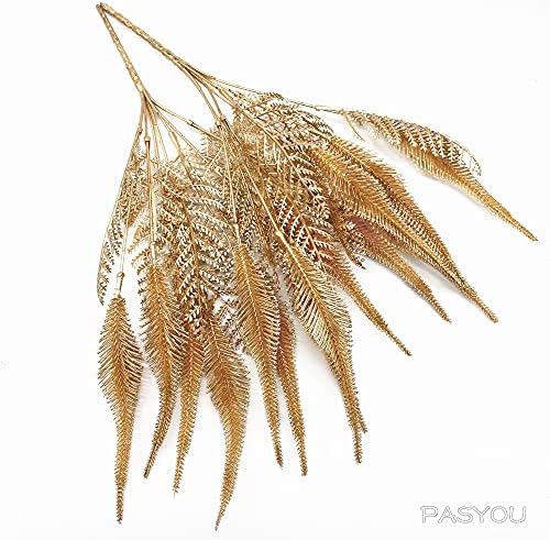 PASYOU Artificial Plants for Christmas Decor, Plastic Grass Fake Shrubs Simulation Tail Leaves Indoor Outdoor Home Garden Planter Filler Party Hotel Verandah Wedding Faux DIY Decoration - Gold 4 Pack