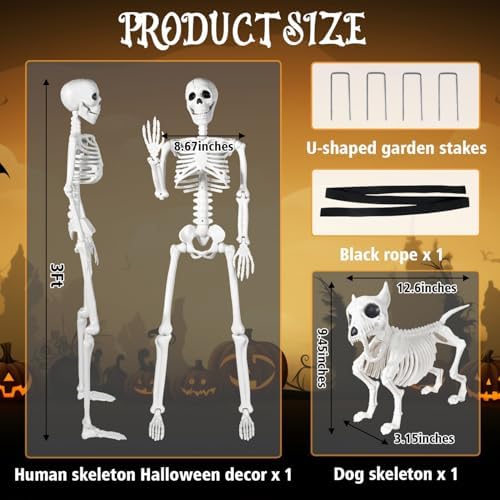 3 FT Human and Dog Skeleton Halloween Decor with Movable Joints