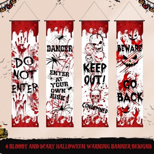 Mindsoft 4 Pcs Halloween Banners, Horror Warning Messages,Red Warning