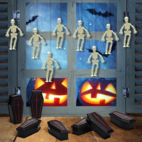 VioraWhite 48 Pcs Halloween Mini Skeletons & 3'' Mini Coffin Boxes
