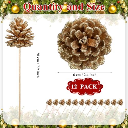 Thiccywoov 12 Pcs Christmas Pine Cone Pick Decoration for Tree Gold 3.15 in