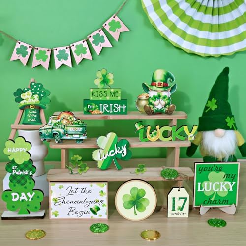 St Patricks Day Decor, 22 PCS St Patricks Day Tiered Tray Decor Set-St. Patrick's Day Decorations for Table with Gnome Shamrock Wooden Signs Irish Decorations Farmhouse Kitchen Centerpiece Home Decor