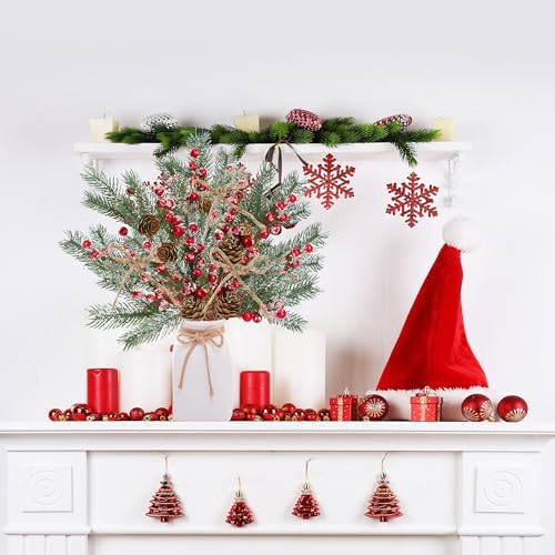 Sggvecsy 15 Pack Snow Frosted Christmas Berries Pine Picks Artificial Red Berry Pine Branches Frosted Faux Pine Stem with Pine Cones Fake Pine Needles for Xmas Tree Wreath DIY Craft Holiday Decor