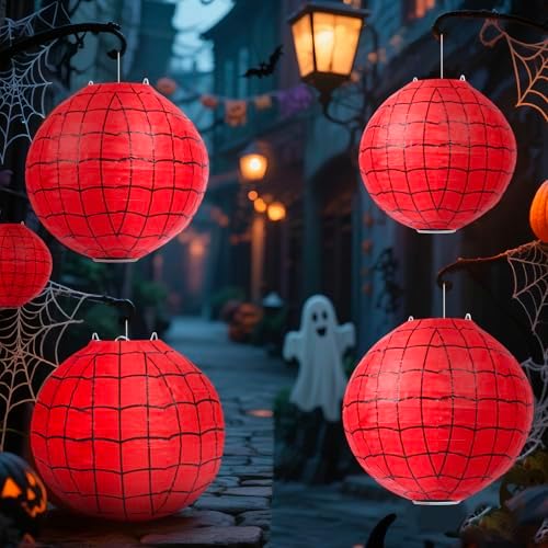 6 Pieces Spider Web Themed Paper Lanterns Decorations - Red Spider Web Party Hanging Supplies for Kids Birthday Party Decorations Supplies