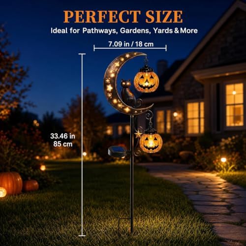 Solar Halloween Black Cat & Pumpkin Moon Garden Stake Light, Jack-o'-Lantern Lantern Solar Outdoor Waterproof LED Yard Decoration with Crescent Moon, for Garden, Patio (Style A)