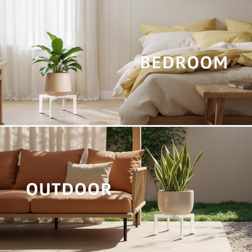 Plant Stand Indoor Outdoor, Metal Mid-Century Pot Stand, Modern Plant Holder Rattan Flower Plant Stool, Low Short Plant Stands for Indoor Fit 5-12 Inch Pot, (Pot & Plant Not Included), White, 4