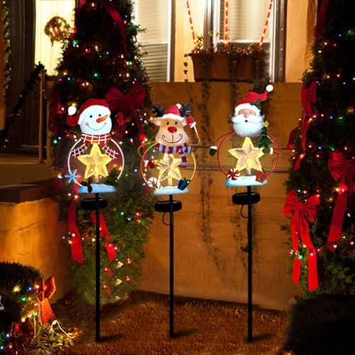 3 Pack Christmas Stake Decor, Outdoor Garden Solar Light Metal Snowman/Santa Claus/Reindeer Yard Stakes with LED Lights Waterproof for Home Lawn Pathway Christmas Holiday Winter Decoration