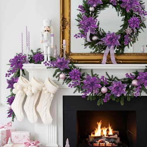 N&T NIETING Christmas Poinsettia Artificial Flowers Berries Picks, Purple