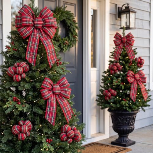Daifunli 8 Pcs Buffalo Plaid Christmas Ball Tree Picks 7.87 Inch Xmas Picks