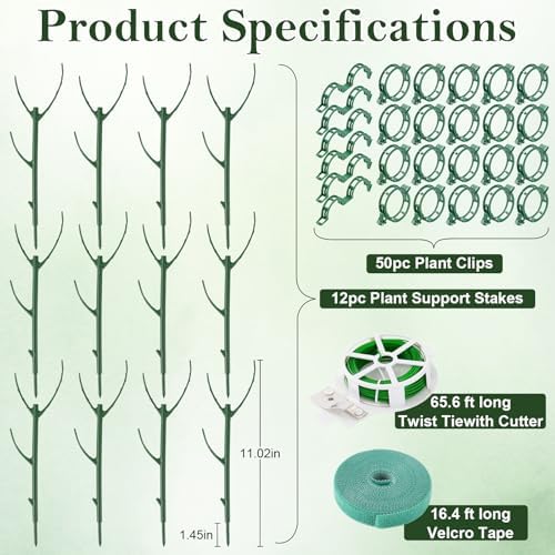 12pcs Plant Support Stakes, Monstera Plant Support Stakes for Indoor Plants with 20 Meter Binding Wire, 2 Meter Velcro Roll and 50 pcs plant clips, Perfect for Supporting Monstera and Climbing Plants