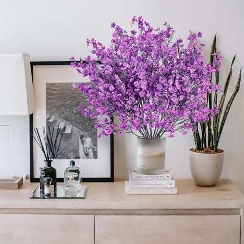 Sggvecsy 6 Pcs Babys Breath Artificial Flowers Gypsophila Bouquets Bulk Real Touch Fake Silk Flowers for Home Wedding DIY Floral Arrangement Kitchen Table Centerpiece Festival Decoration (Purple)