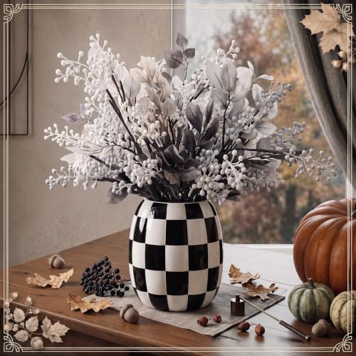 Beeveer 6.7'' Ceramic Pumpkin Vase Black and White Checkered Utensil Holder