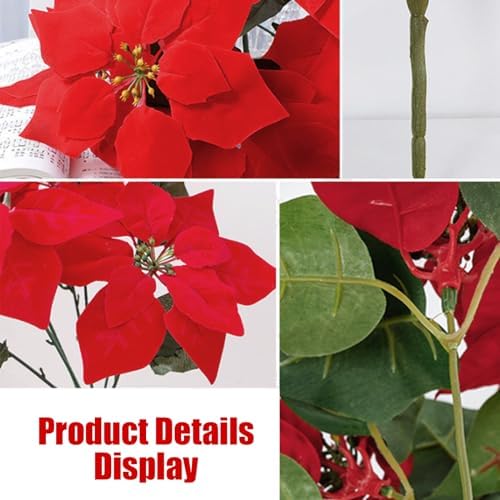 18'' Poinsettias Flowers Artificial Christmas Flowers 5 Packs Silk Red Poinsettia 7 Heads Fake Floral Bouquet with Stem for Indoor Outdoor Christmas Decoration
