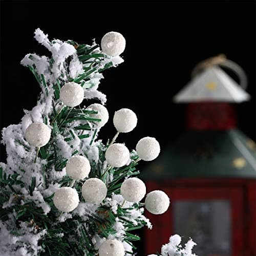 BBTO Artificial Holly Berries, 100 Pieces Mini 10 mm Fake Berries Decor on Wire for Christmas Tree Decorations Flower Wreath DIY Craft Use (Sequined White)