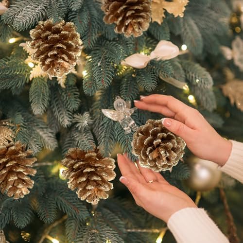 Thiccywoov 12 Pcs Christmas Pine Cone Pick Decoration for Tree Gold 3.15 in