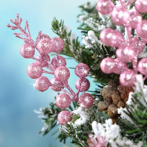 Geosar 36 Pcs Christmas Glittered Berries Stems, White, Pink