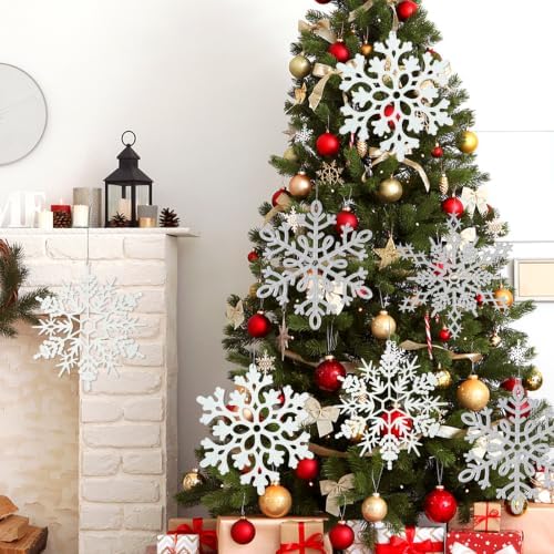 12pcs Large Christmas Snowflakes Decorations, 12" Big Plastic Glitter White Sliver Snowflake Ornaments for Winter Indoor Outdoor Christmas Tree Holiday Window Room Decor Craft Snowflakes