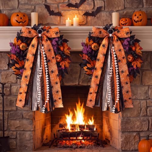 Suncalla 2 Pcs Halloween Orange Spider Web Ribbon Bow for Wreath Front Door