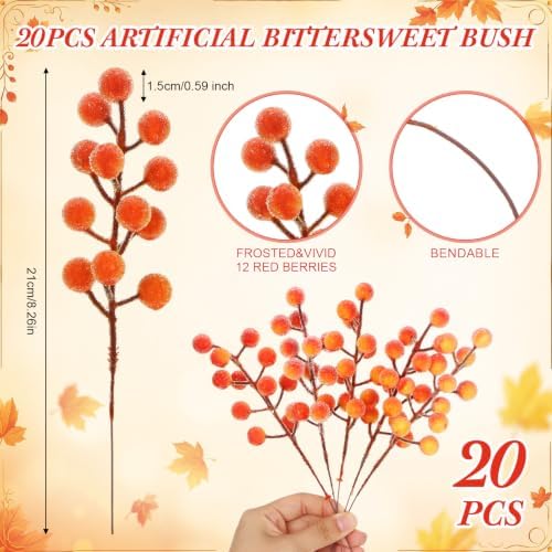 Suncalla 20 Pcs Fall Frosted Berry Stem, Floral Picks,Yellow Red,Scatter
