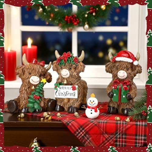 3 Pcs Christmas Highland Cow Figurine Decor, Resin Christmas Decor