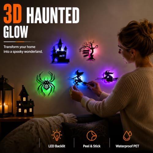 Halloween LED Wall Decor Lights 3D Bat Witch Stickers Window Clings (X3)